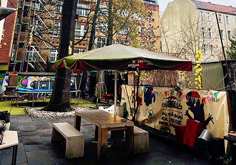 Außenaufnahme eines Baumes mit vielen Zweigen und wenigen Blättern bei bewölktem Himmel. Im Hintergrund sind mehrgeschossige Gebäude und eine graue Wolkendecke sichtbar.