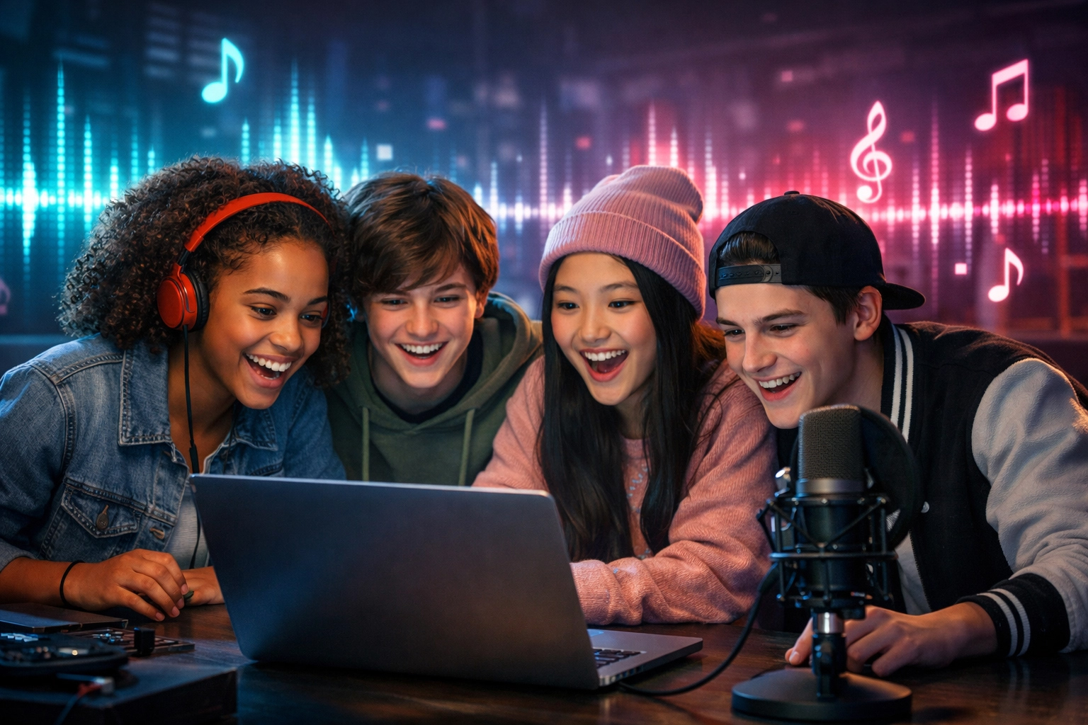 Vier Jugendliche sitzen zusammen vor einem Laptop, umgeben von Musik-Equipment, und hören gemeinsam Musik. Im Hintergrund sind digitale Klangwellen und Musiknoten zu sehen, was auf eine musikalische oder kreative Atmosphäre hinweist.